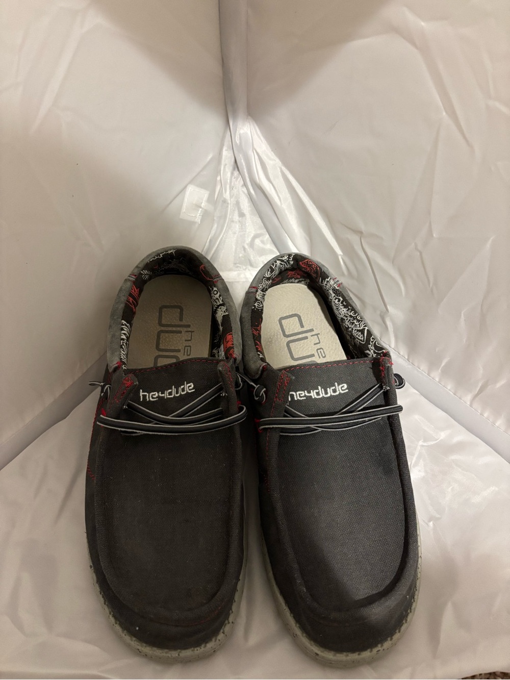 Heydude Men's Black Canvas Casual Shoes with Red Accents. Size 7